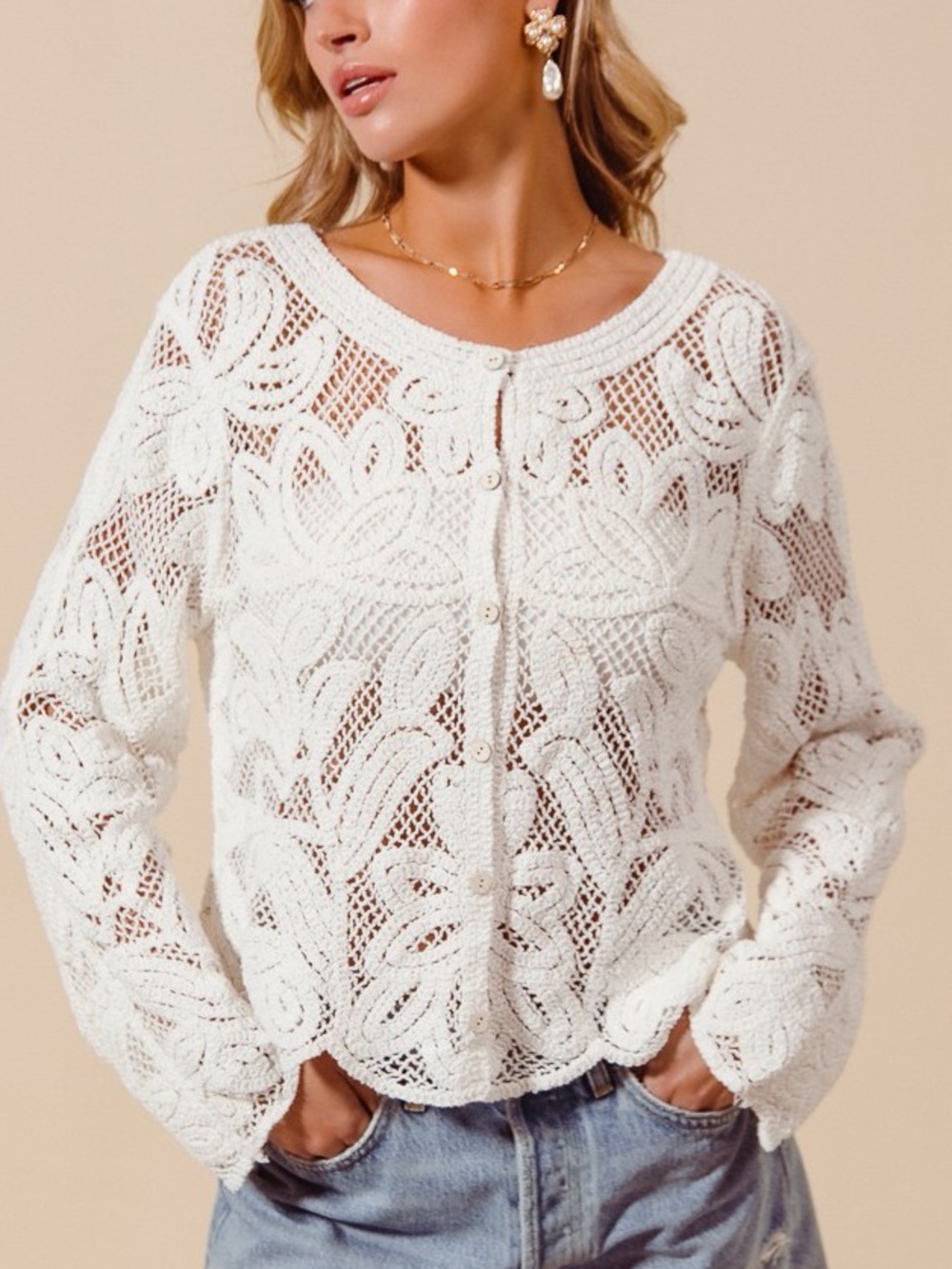 ❤️Hello Gorgeous! Button Front Floral Pattern Crochet Lace Cardigan-Off White